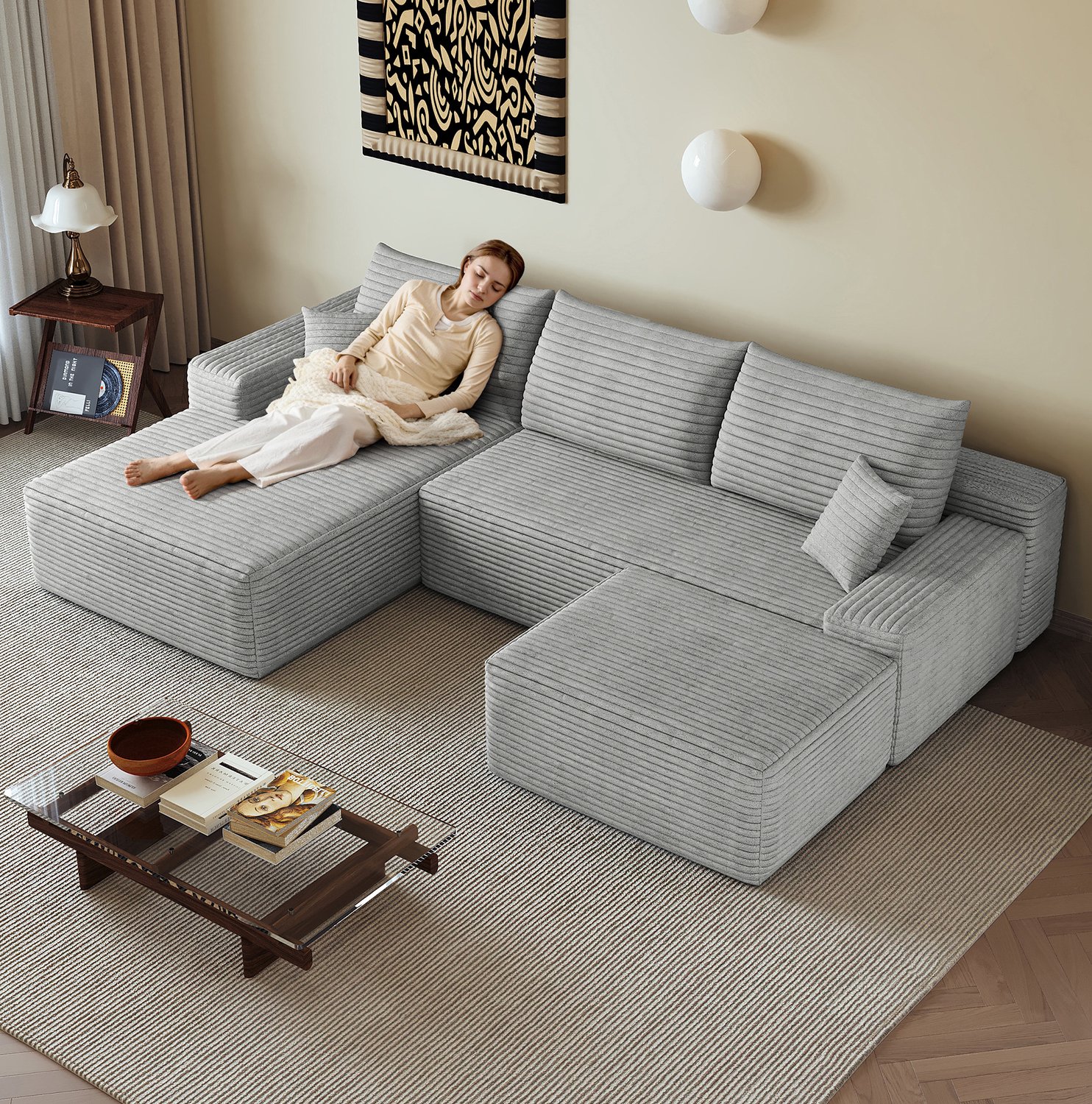 Wishdor Modulaire hoekbank met chaise longue - Zachte foamvulling - Vier zitplaatsen - Zonder gereedschap - Gestreept ribfluweel - Woonkamer appartement - Stof - Grijs - 270 x 175 x 83 cm