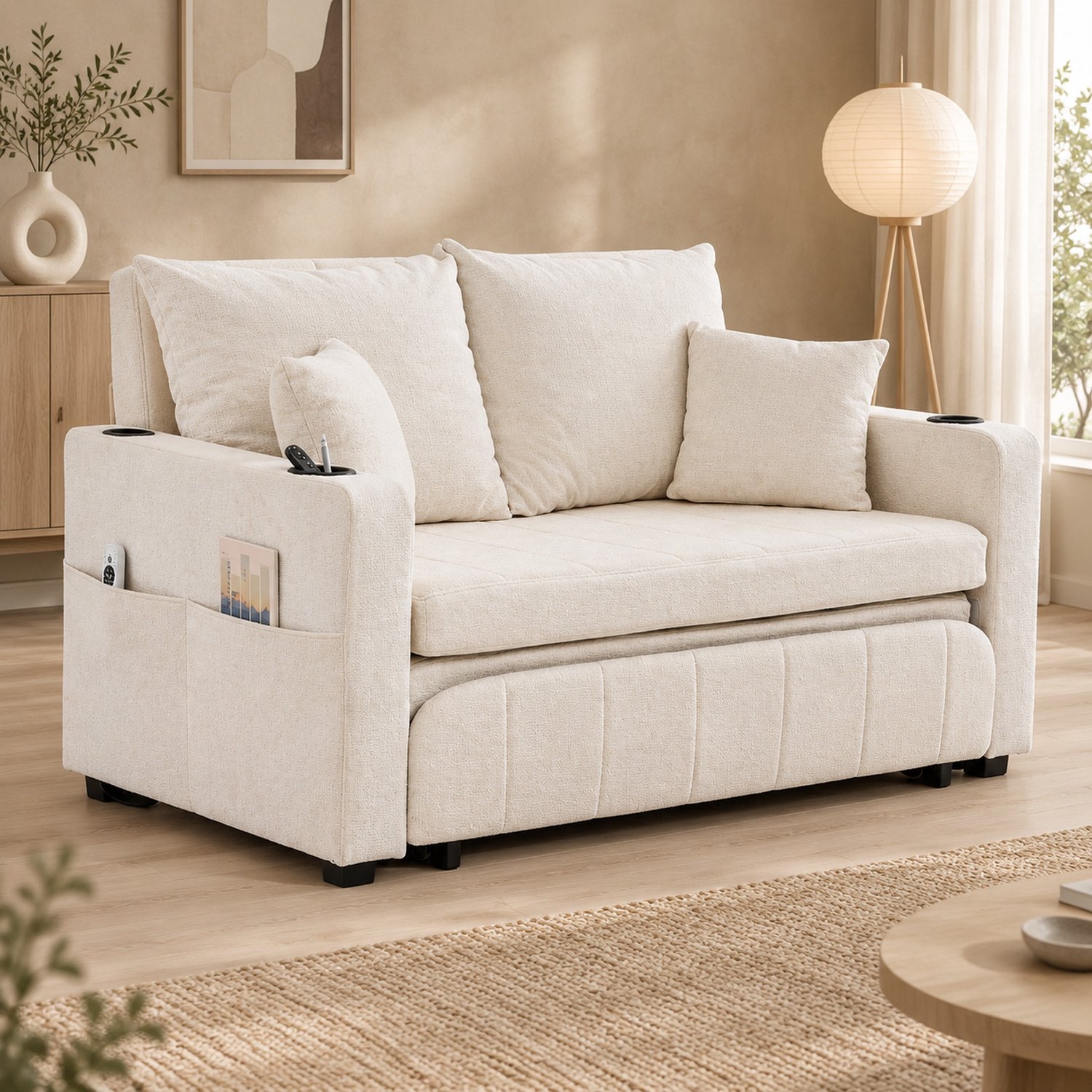 WUVRIE 2-zits slaapbank - Uitklapbaar tot bed met USB en bekerhouders - Beige chenille