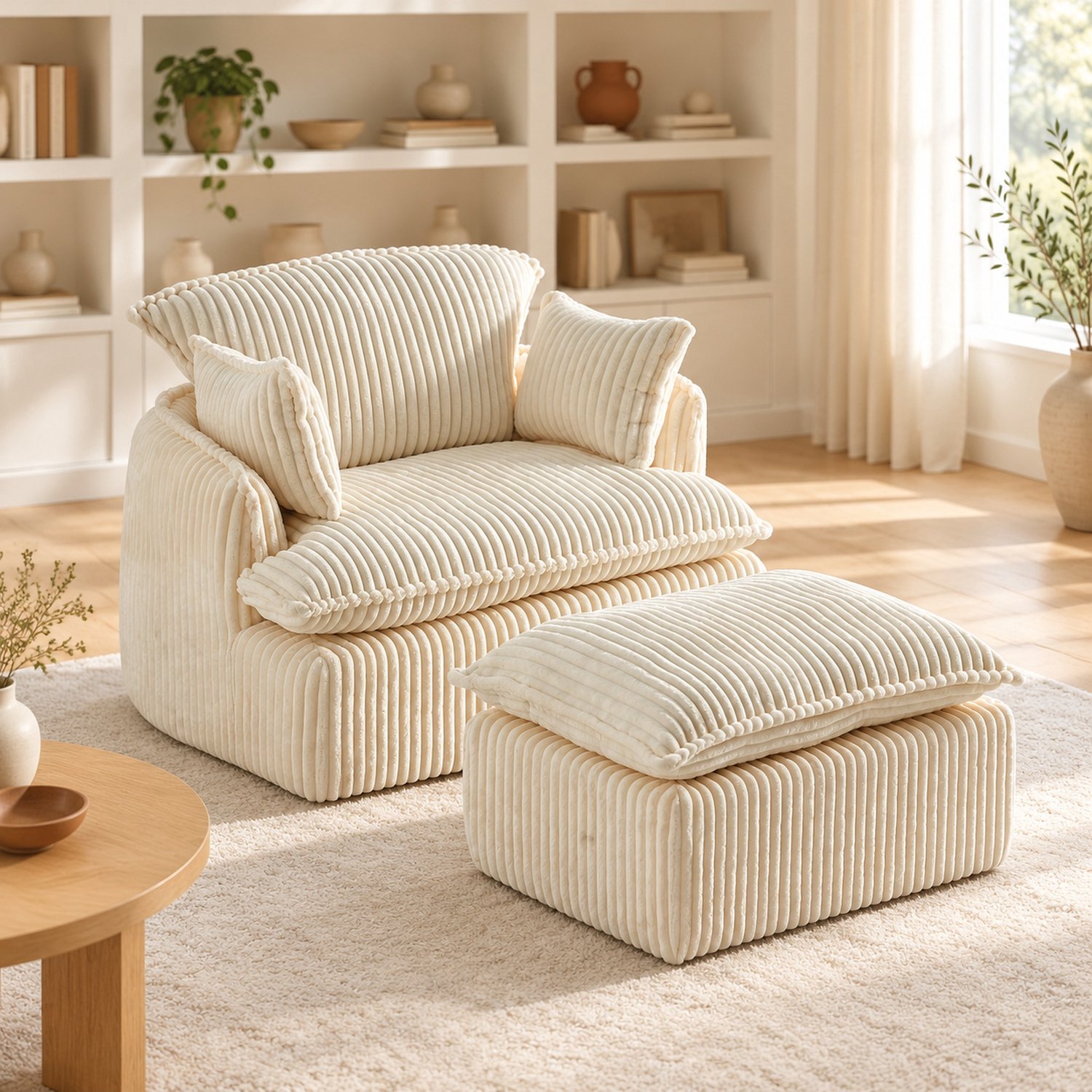 WUVRIE Fauteuil met hocker 115x89x77 cm - Gecomprimeerd geleverd, zonder montage - Beige
