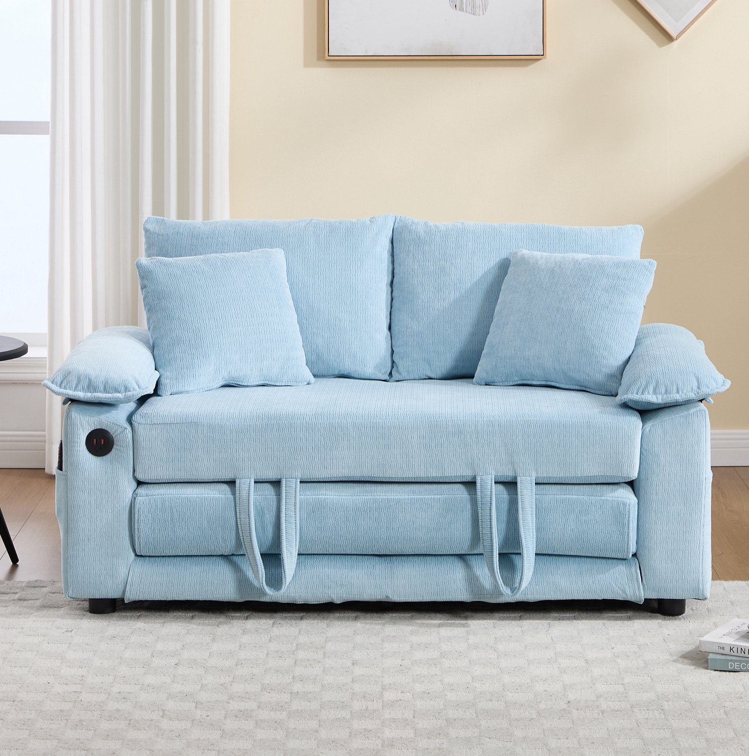 Wishdor Slaapbank - Uitklapbare 3-in-1 futon voor 2 personen - Zachte chenille bekleding met zijvakken - Modern ontwerp - Woonkamer slaapkamer kantoor - Blauw - 135 x 66 x 80 cm