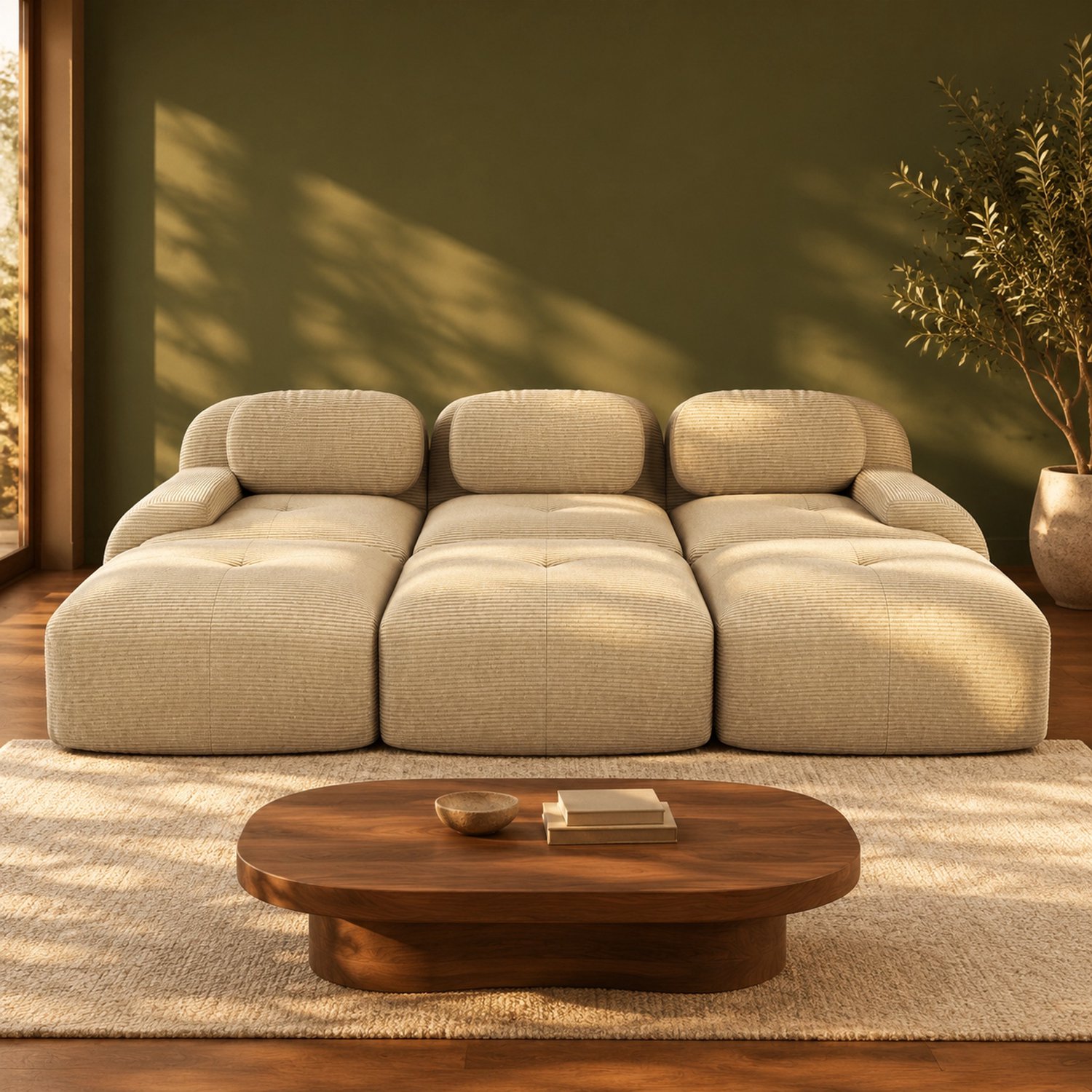 WUVRIE Modulaire hoekbank 298x178 cm - 3-zits met 3 hockers en corduroy - Beige
