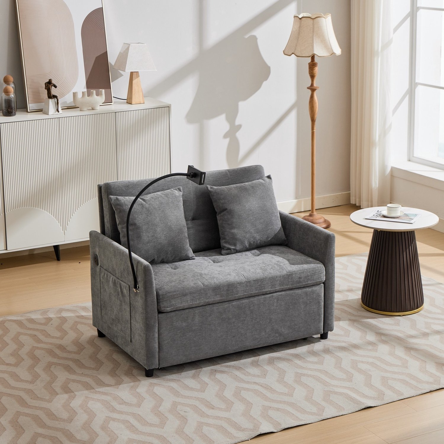 Wishdor Eenpersoons slaapbank - Opvouwbaar zit- en ligmeubel - USB-poort en tablethouder - Woonkamer slaapkamer kantoor studio - Polyester - Grijs - 109 x 72 x 83,5 cm
