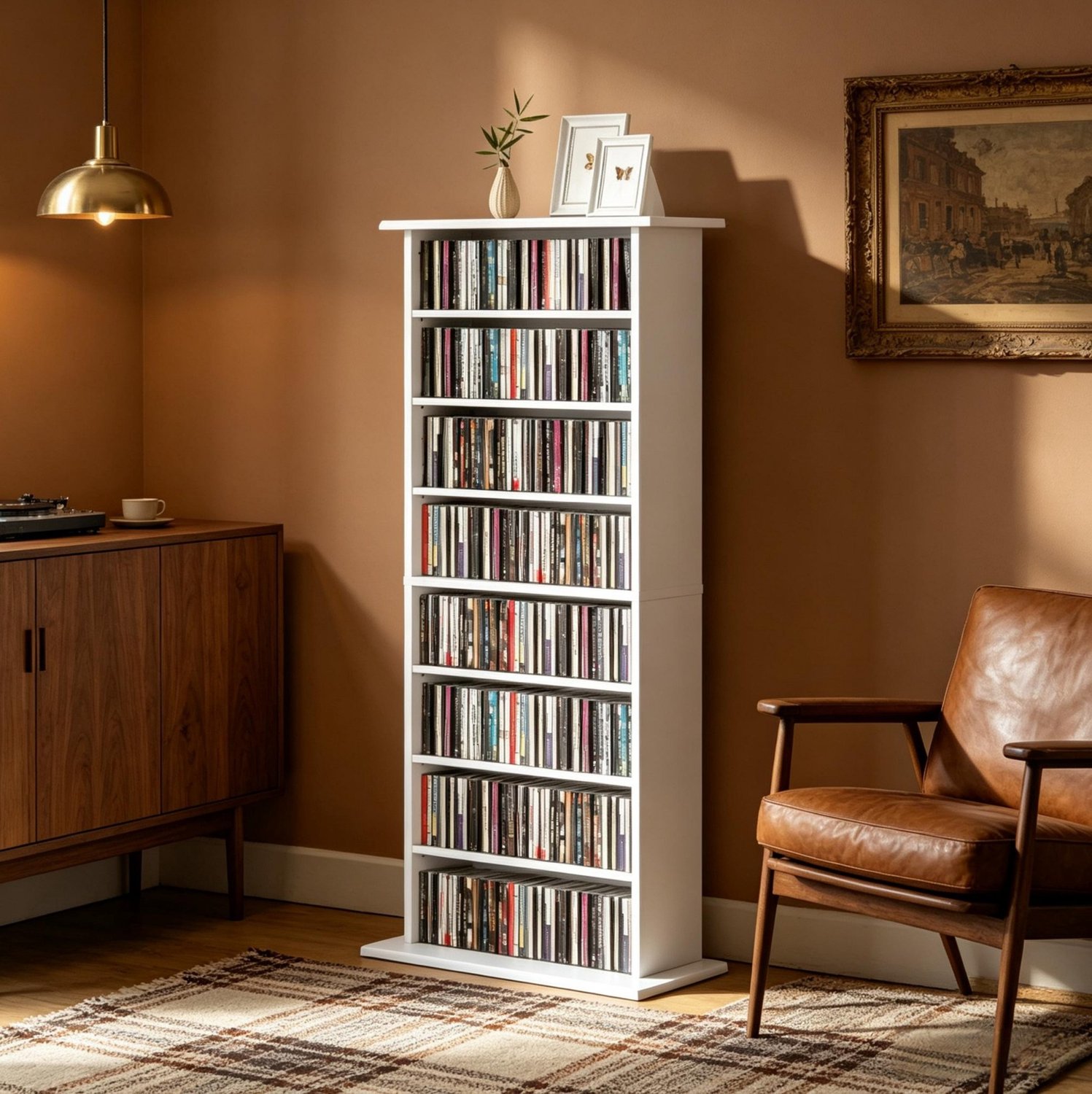 MIVRAY CD en DVD Opbergsysteem – 58 x 24 x 126,3 cm – 6 Verstelbare Planken – Spaanplaat – Wit – Voor 360 Cd Schijven Of 185 Dvd en Blu-rayschijven