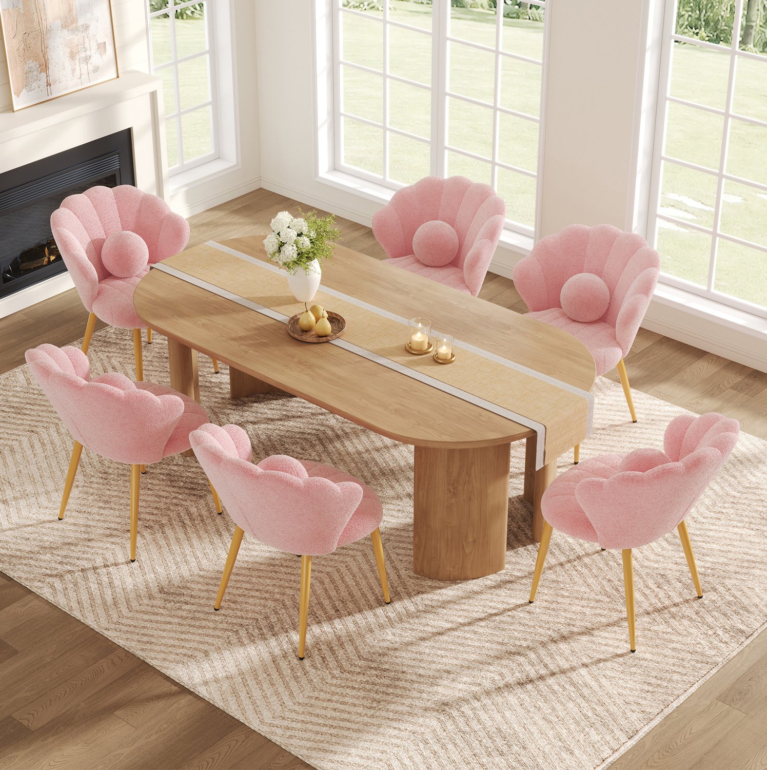 OKWISH Eetkamerstoel - Set Van 6 - Schelpvormig - Teddy Stof - Roze