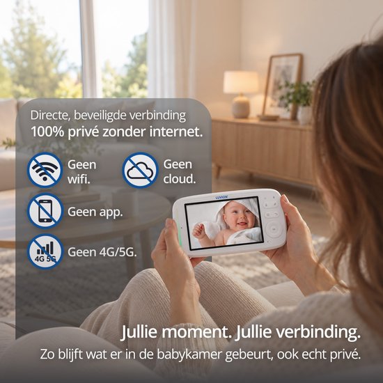 Luvion babyfoon met directe, beveiligde verbinding zonder internet, wifi, app of cloud.