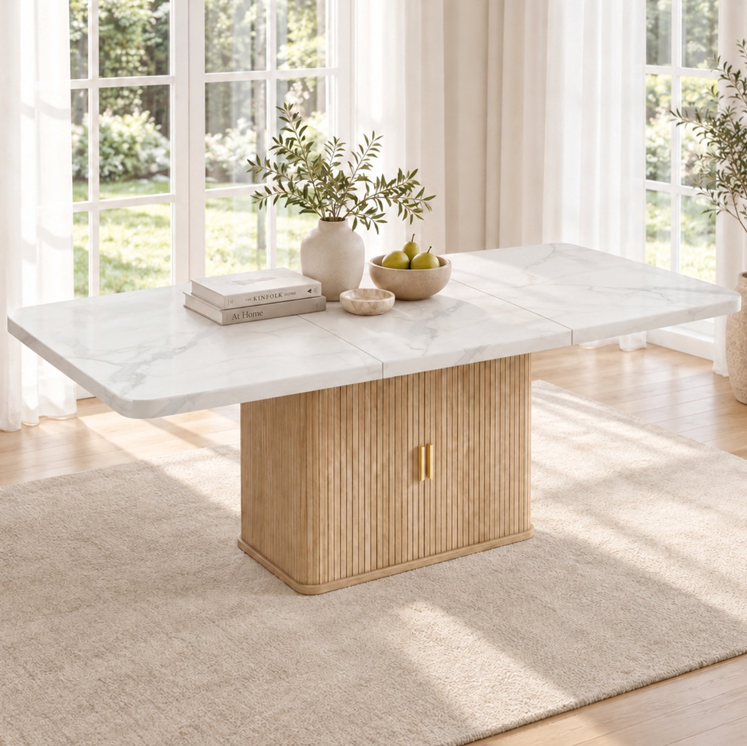 MIVRAY Uitschuifbare Eettafel - Opbergruimte Voor 6 Tot 8 Personen - MDF Wit Marmerlook Houtkleur - 150 Tot 200 Bij 90 Cm