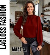 LaGloss® Bordeauxrode Blouse Dames, Elegante Blouse met Pofmouwen en Ruchekraag - Maat XL