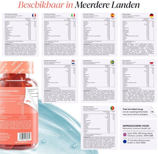 Overzicht van voedingsetiketten in verschillende talen, toont transparantie over de ingrediënten van de gummies.