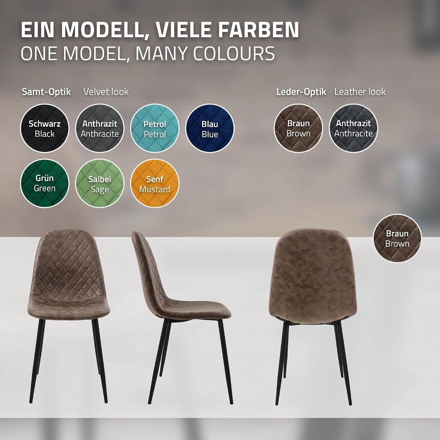 Scandinavische Eetkamerstoelen Set van 4 Bruin Kunstleer met Ergonomische Rugleuning, Metalen Onderstel, Gewatteerde Zitting, Zithoogte 48 cm, 51 x 51 x 89 cm – Moderne Keukenstoelen voor Eetkamer en Woonkamer