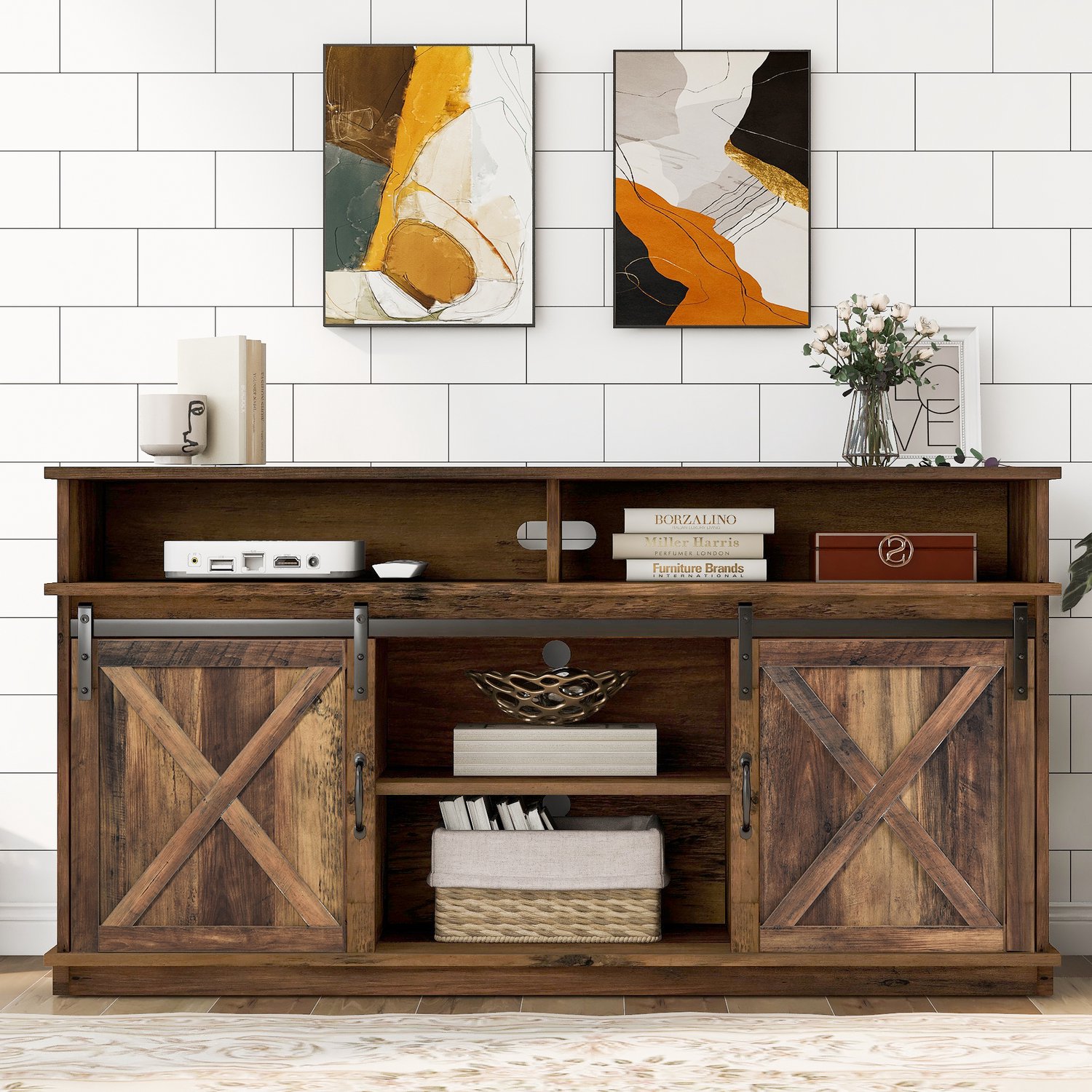 TV-meubel 148 cm - 2 schuifdeuren - 2 verstelbare legplanken - kabeldoorvoer - voor tv tot 65 inch - Rustiek bruin