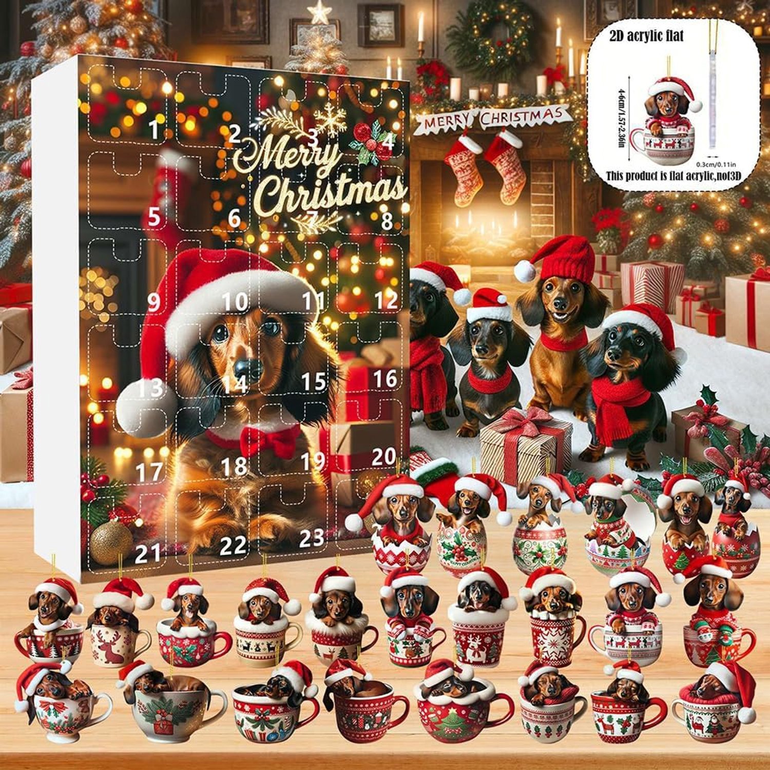 Adventskalender 2026 -Adventskalender Teckelhond 2026 - Acryl Kerstboomhanger - Kerstboomdecoratie - 24-daagse Kerstadventskalender met Teckel Ornament