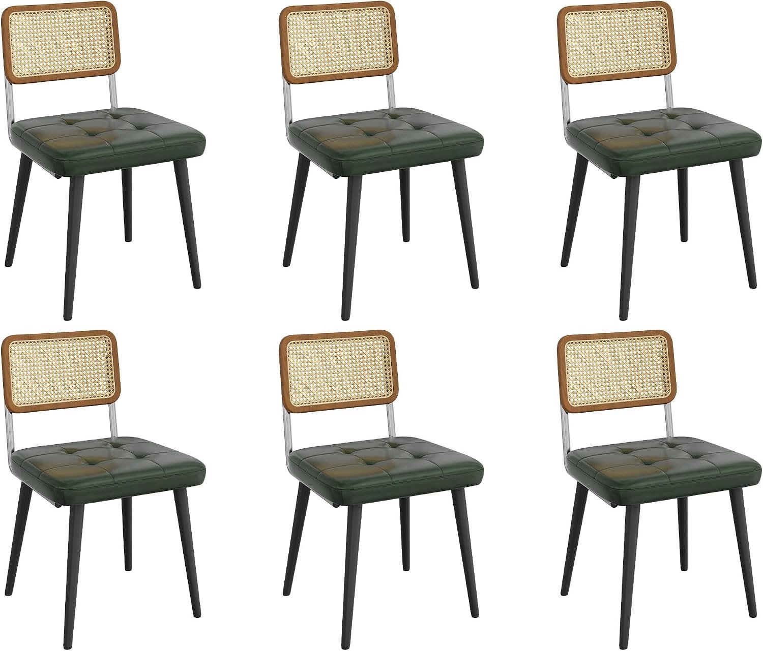 Set van 6 eetkamerstoelen met rotan rugleuning - donkergroen PU-leer - zonder armleuningen voor keuken en restaurant