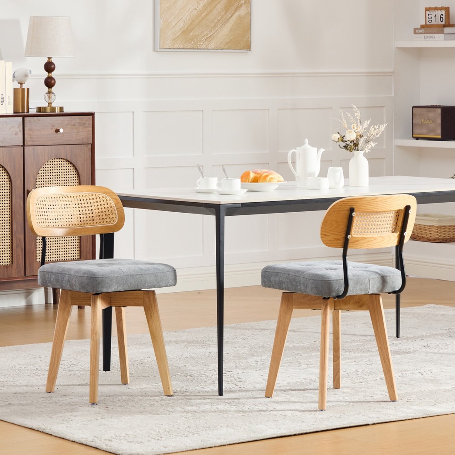 Pugsdrly Set van 2 360°-draaistoelen, keukenstoelen in mid-century modern-stijl, met gevlochten rugleuning en gestoffeerde zitting, 360°-draaistoelen, geschikt voor eetkamer en slaapkamer (grijs, chenille)