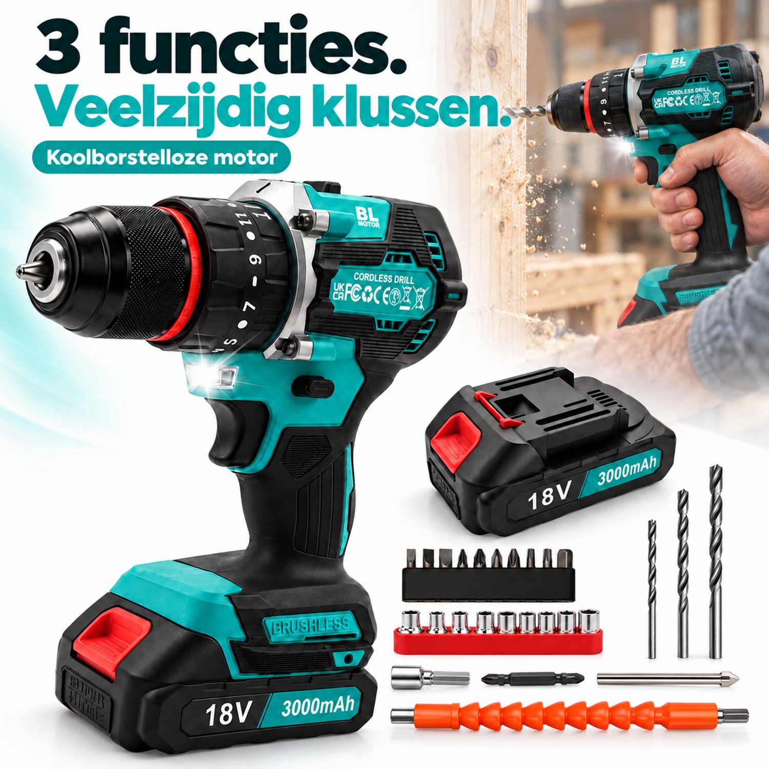 Accuboormachine 18V – Koolborstelloos – 2 × 3,0 Ah Accu – Klopfunctie en LED – Met Bits en Boren – Voor Meubels, Hout en Metaal