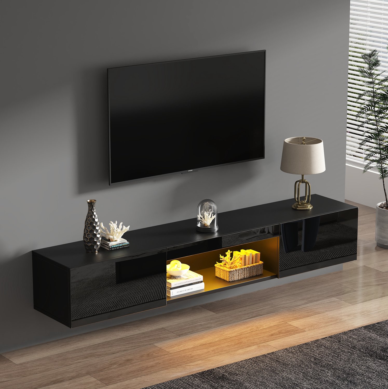 Maisentiel Wand-tv-meubel 160 x 31 x 22 cm met LED, hoogglansfront, MDF en spaanplaat, zwart