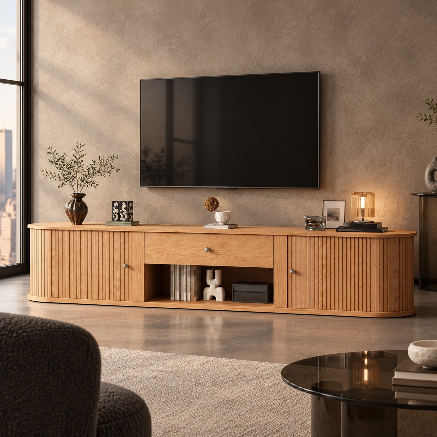 Maisentiel TV-meubel 180 x 40 x 40 cm met 2 roldeuren, lade, spaanplaat, houtkleur Naturel