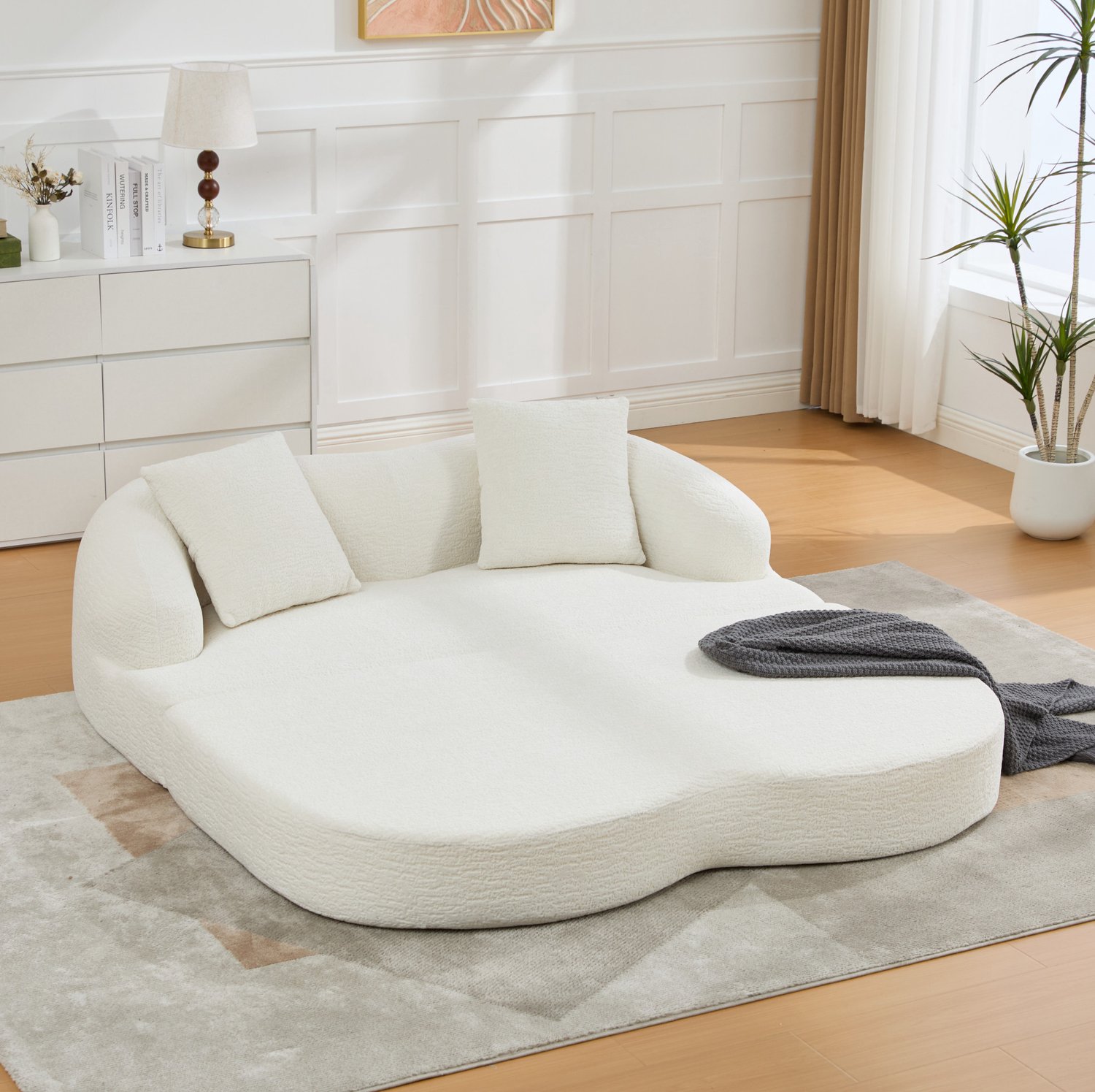 Wishdor Slaapbank 2-zits - Uitklapbaar tweepersoonsbed - Met 2 rugkussens - Ruimtebesparend voor gasten - Retro uitstraling - Woonkamer slaapkamer - Chenille - Beige - 157 x 84 x 65 cm