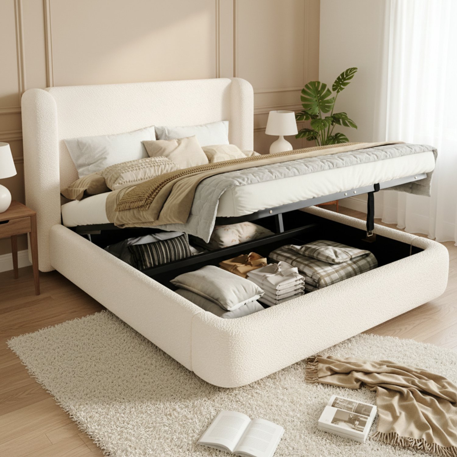 FloraGrace Gestoffeerd Bed 140x200 cm - Hydraulisch Hefmechanisme met Opbergruimte - Tweepersoonsbed - Bouclé - Zonder Matras - Beige