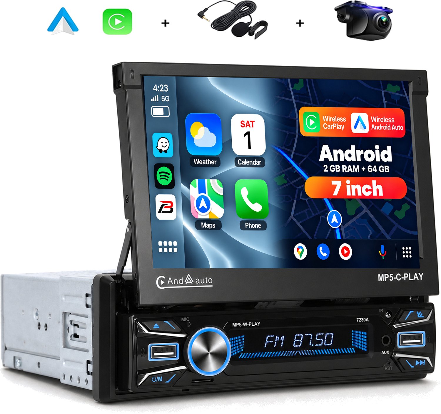 Boscer 1Din Autoradio - Android 15 - Apple Carplay & Android Auto (Draadloos) - 2+64GB - 7 Inch IPS HD Gemotoriseerd klapscherm - Navigatiesysteem - Bluetooth, Aux, USB, MP5 - GPS - WIFI - Achteruitrijcamera & Microfoon