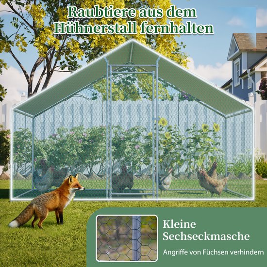 WUVRIE - Kippenren 303x200x200 cm - Verzinkt stalen frame met PE-dak en veiligheidsslot - Zilver