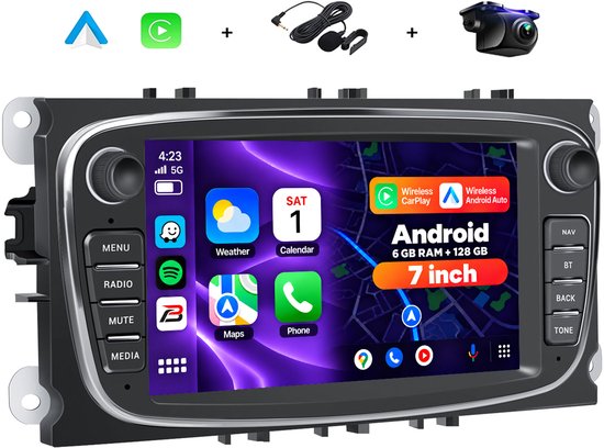 Boscer Autoradio - Geschikt voor Ford Focus, S-Max, Mondeo, Galaxy, C-Max & Kuga - Android 15 - 6+128GB - 7 Inch HD Touchscreen - Apple Carplay & Android Auto - Bluetooth, USB, Wifi & MP5 - Navigatiesysteem - Achteruitrijcamera & Microfoon