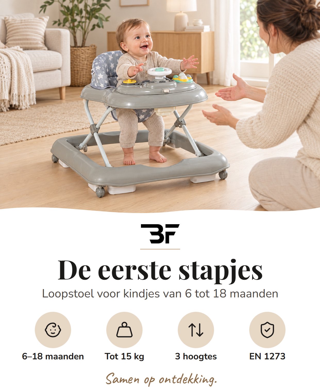 Bebies First Loopstoel / Baby Walker – Makkelijk in te klappen – In hoogte verstelbaar – Met afneembare speelset - Grijs – foto 2