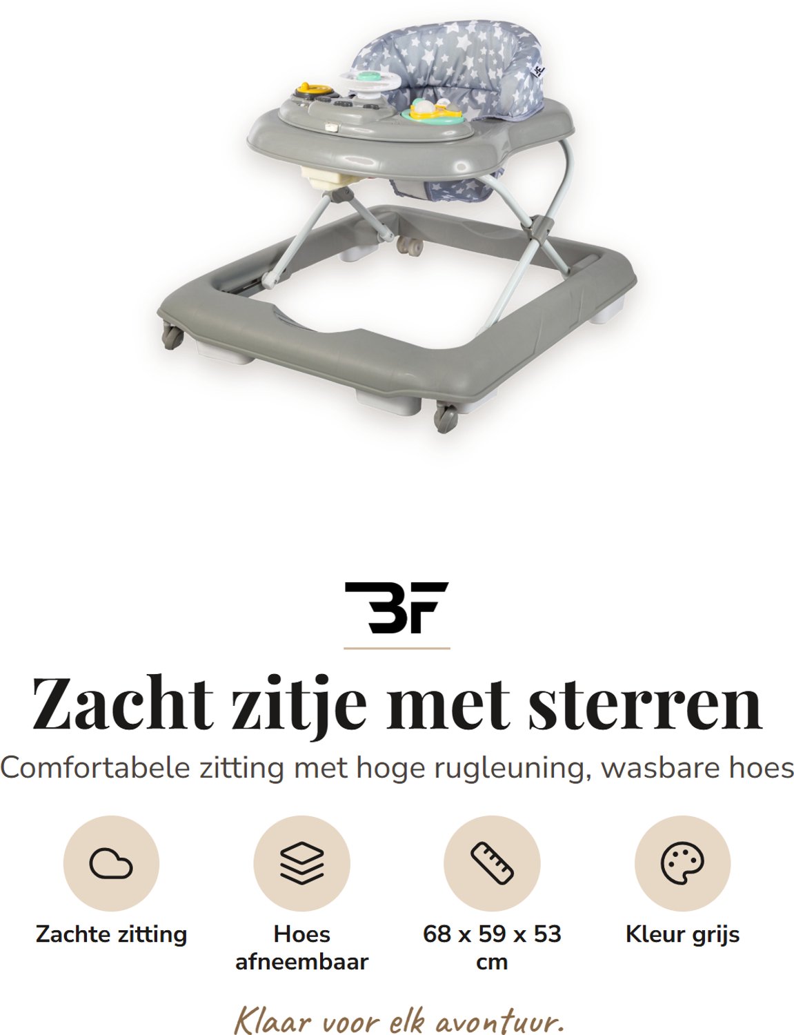 Bebies First Loopstoel / Baby Walker – Makkelijk in te klappen – In hoogte verstelbaar – Met afneembare speelset - Grijs – foto 3