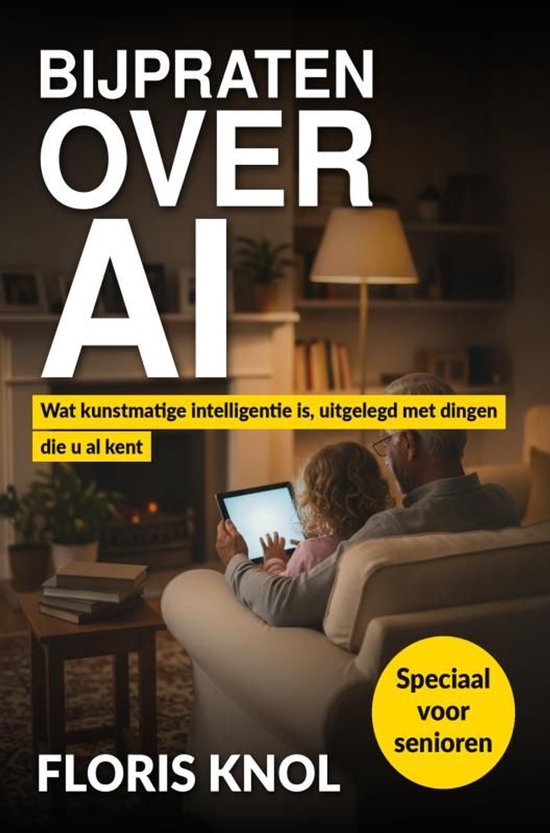 Couverture du livre 'Bijpraten over AI' montrant un grand-père et son petit-enfant utilisant une tablette dans un salon.