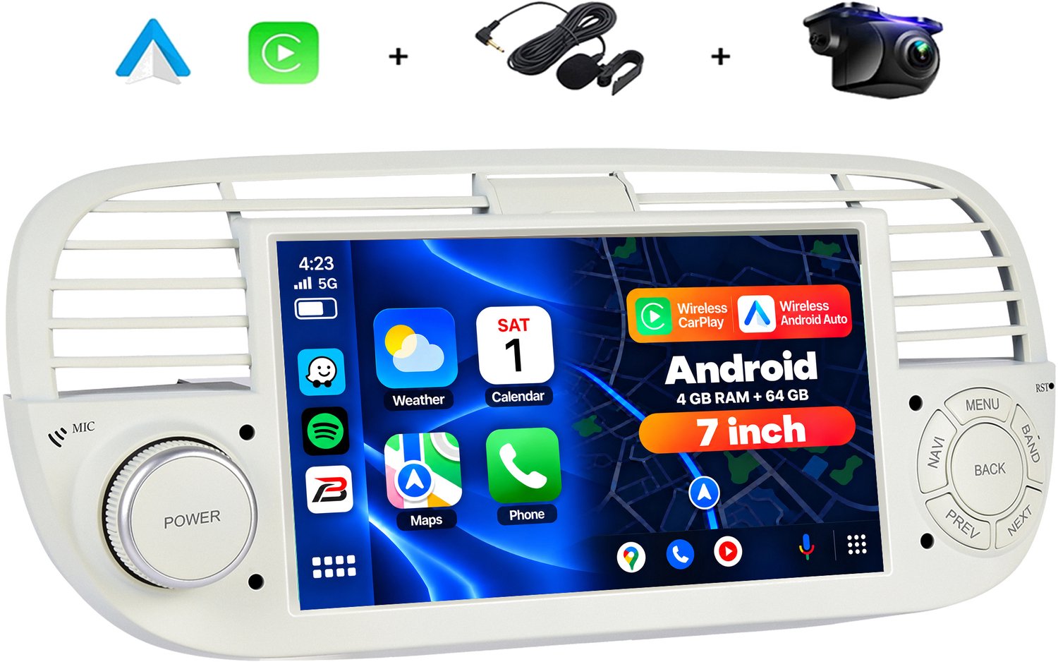 Boscer Autoradio - Geschikt voor Fiat 500 2007-2015 - Android 15 - Apple Carplay & Android Auto (Draadloos) - 4+64GB - 7 Inch HD Touchscreen - GPS Navigatiesysteem - Beige/Wit - Achteruitrijcamera & Microfoon