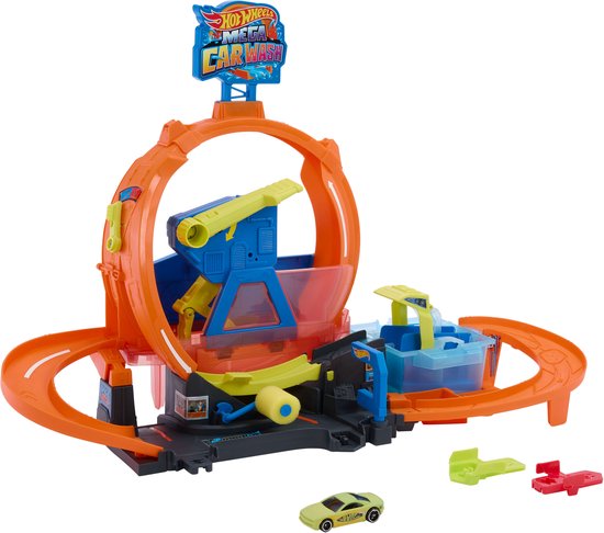 Hot Wheels Mega Car Wash speelset met oranje looping, inclusief gele auto en groene en rode accessoires.