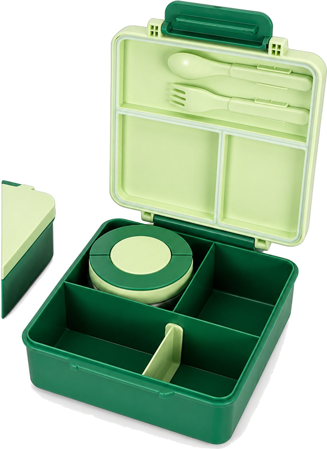Groene broodtrommel met 4 vakken en deksel voor schoollunch