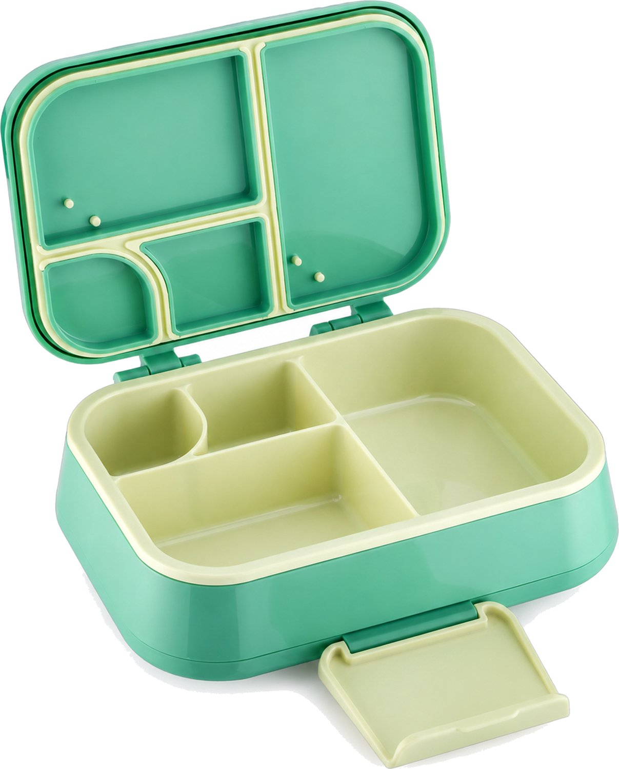 Broodtrommel met 4 vakken en scharnierend deksel, groen-geel, verpakkingsmaat 22 × 15 × 8 cm
