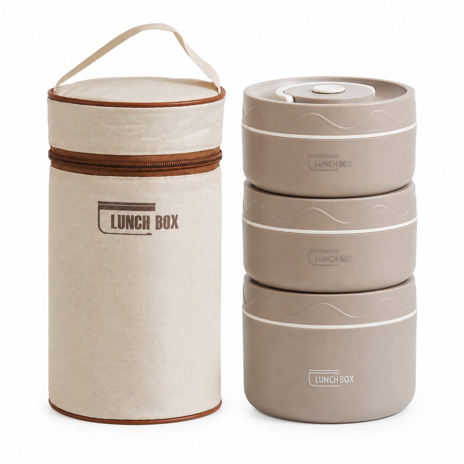 Broodtrommelset met drie ronde 304-roestvrijstalen lunchbakjes en draagtas, 2 × 440 ml + 1 × 600 ml, donkerbruin