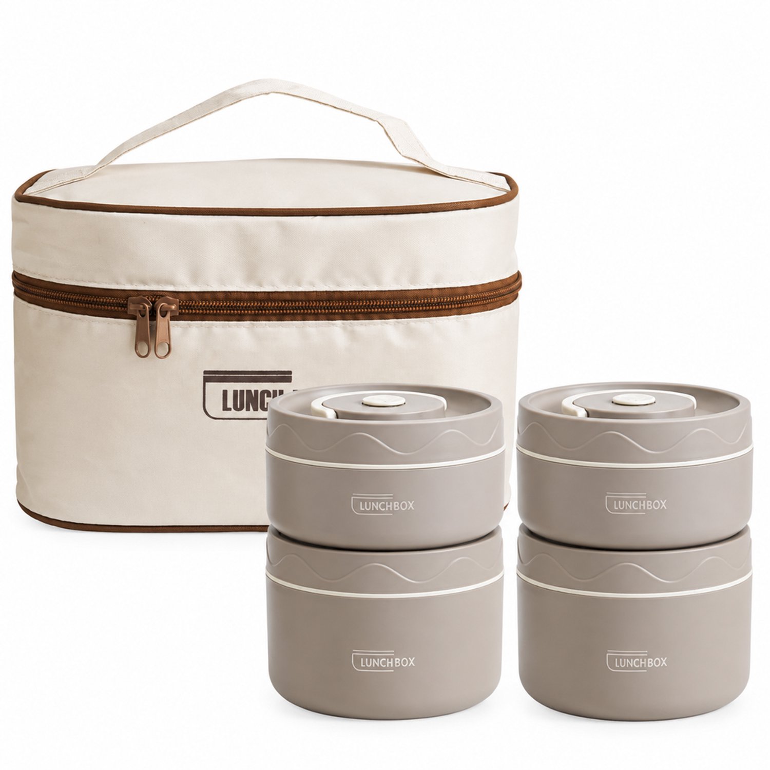 Broodtrommelset in donkerbruin van 304 roestvrij staal met 4 ronde lunchboxen en geïsoleerde draagtas