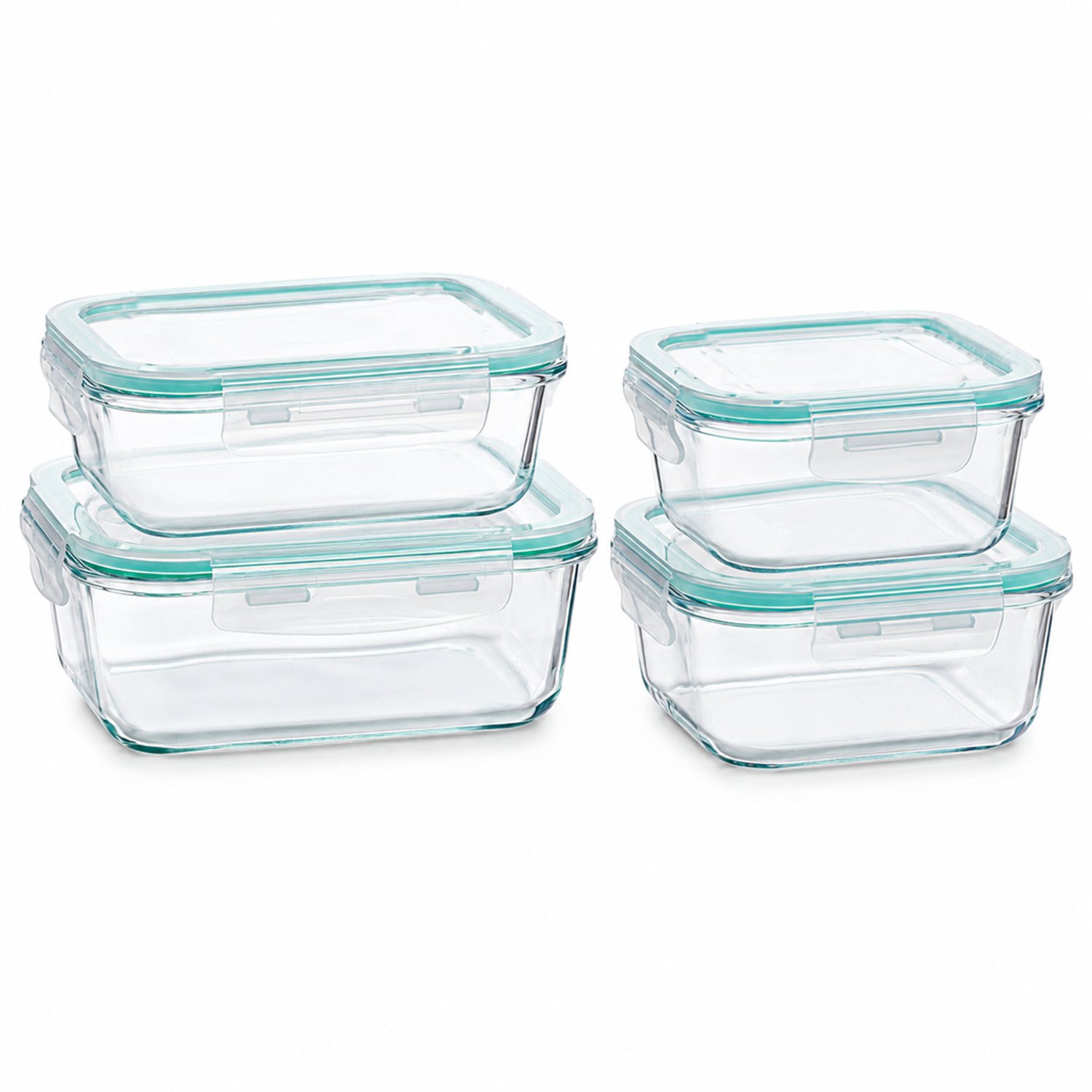 Broodtrommelset van glas, 4 stuks, 520, 640, 800 en 1040 ml, met deksels en clips