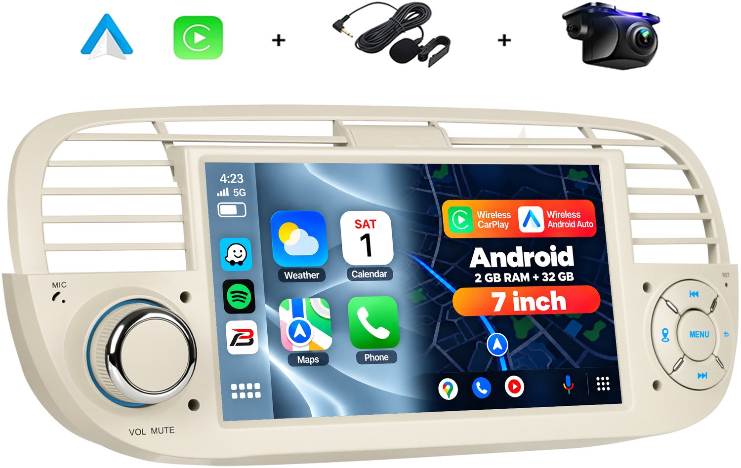 Boscer Autoradio - Geschikt voor Fiat 500 2007-2015 - Android 15 - Apple Carplay & Android Auto (Draadloos) - 2+32GB - 7 Inch HD Touchscreen - GPS Navigatiesysteem - Zwart - Achteruitrijcamera & Microfoon