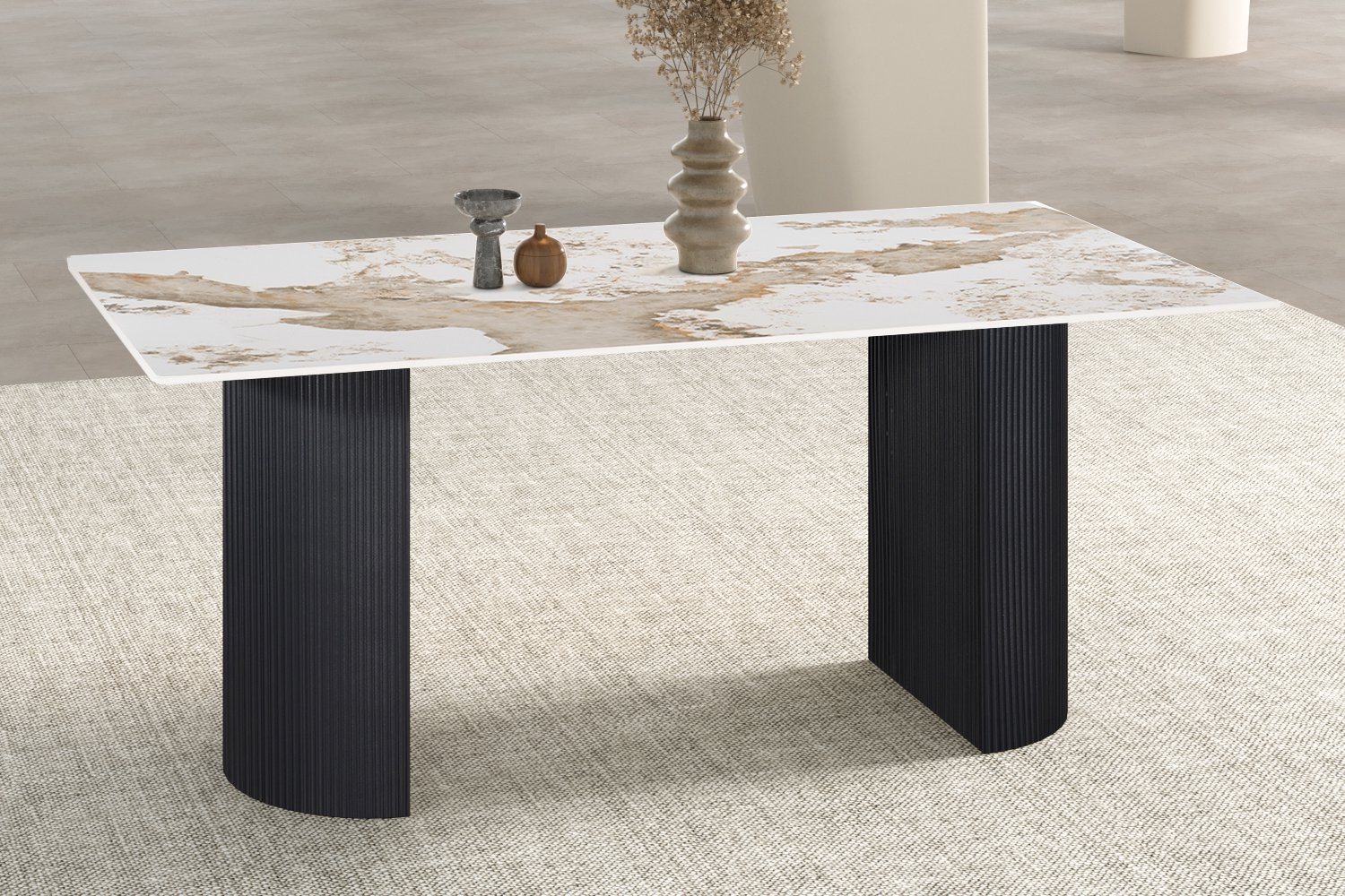 Lousa Eettafel – 180 x 90 cm – Glanzend Stenen Blad met Goudbruine Marmerlook – Zwarte Geribbelde Poten
