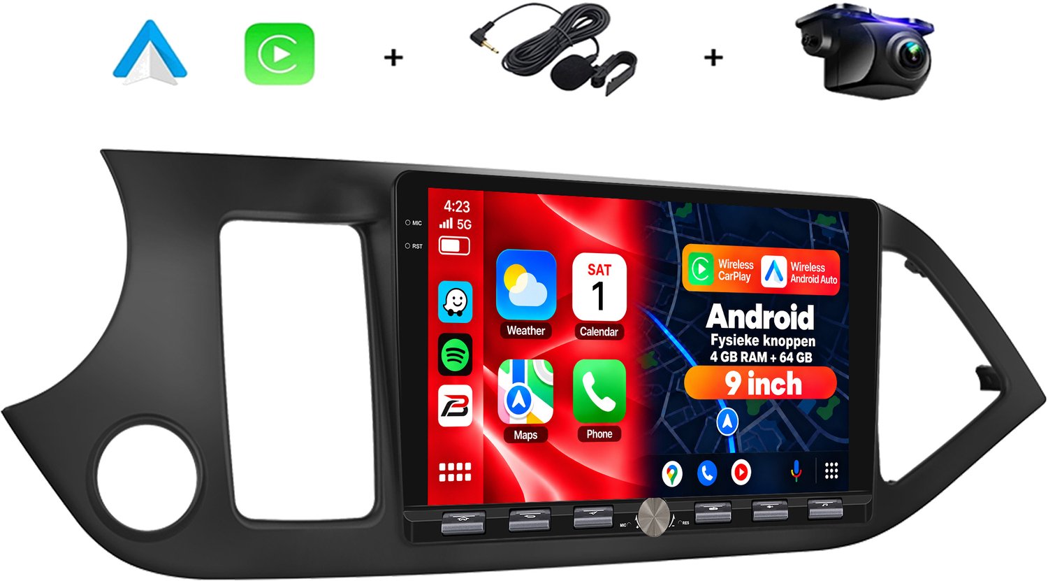 Boscer 2 DIN Android 15 Autoradio - Geschikt voor Kia Picanto (2011–2017) - Draadloos Apple Carplay & Android Auto - 9 inch HD IPS Touchscreen - 4+64GB - GPS Navigatie - WIFI, Bluetooth & USB - Achteruitrijcamera & Microfoon