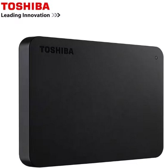 Zwarte Toshiba harde schijf met het Toshiba Leading Innovation logo in de hoek.