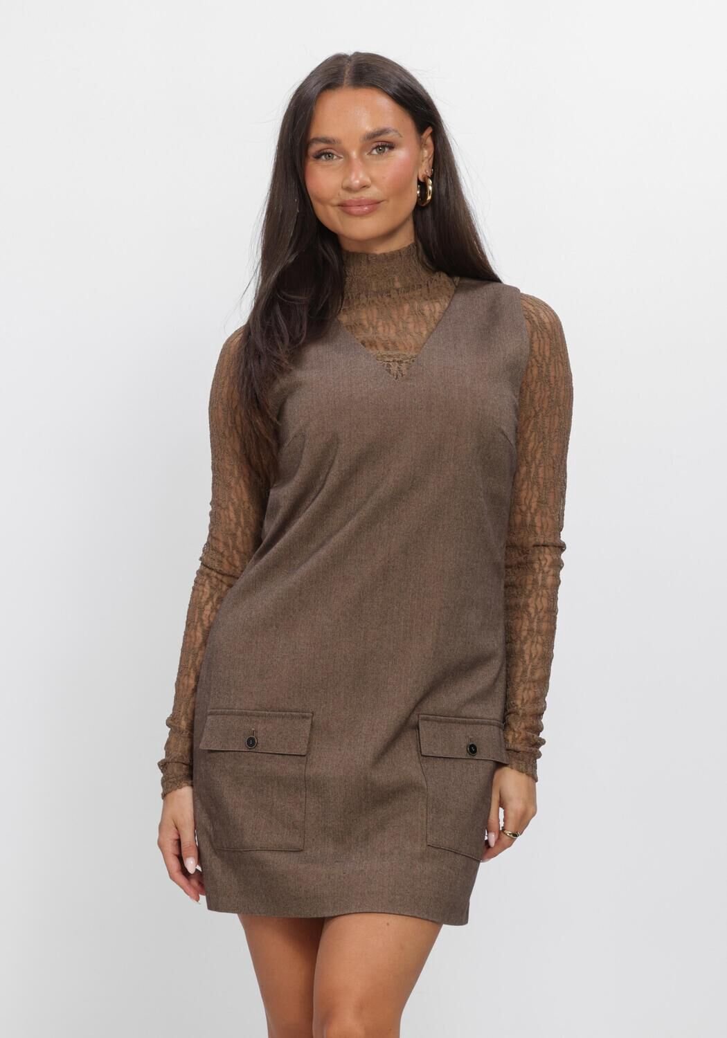 AAIKO Rivane Tweed Vis 518 Dames - Jurk - Bruin - Maat M
