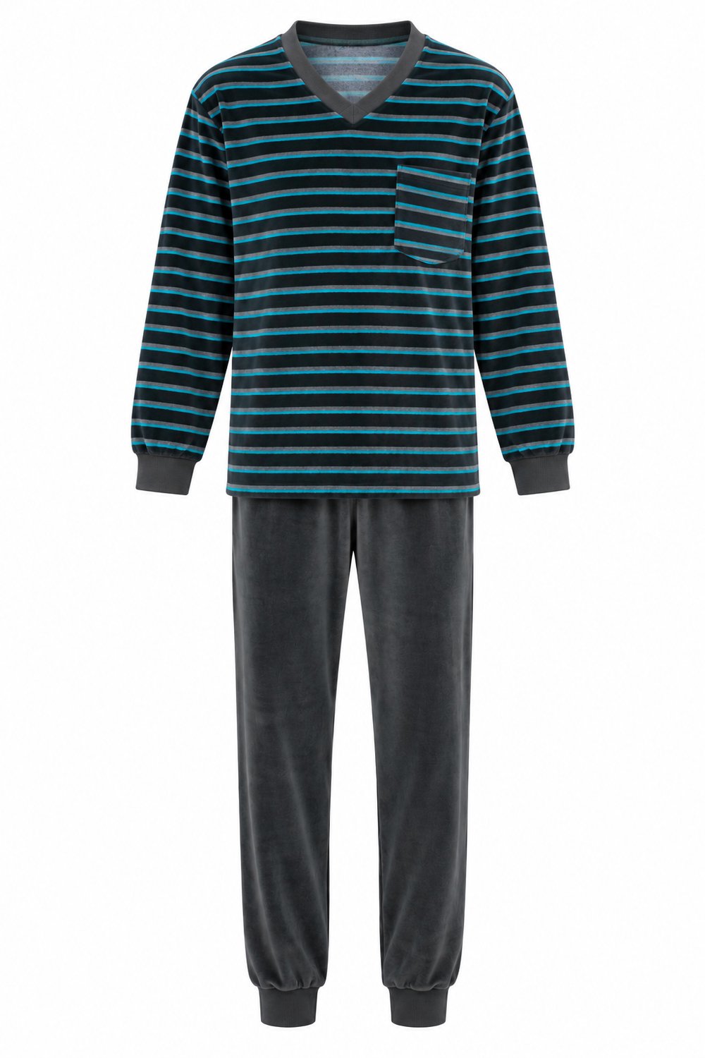 Velours heren pyjama - winter - antraciet gestreept - maat L