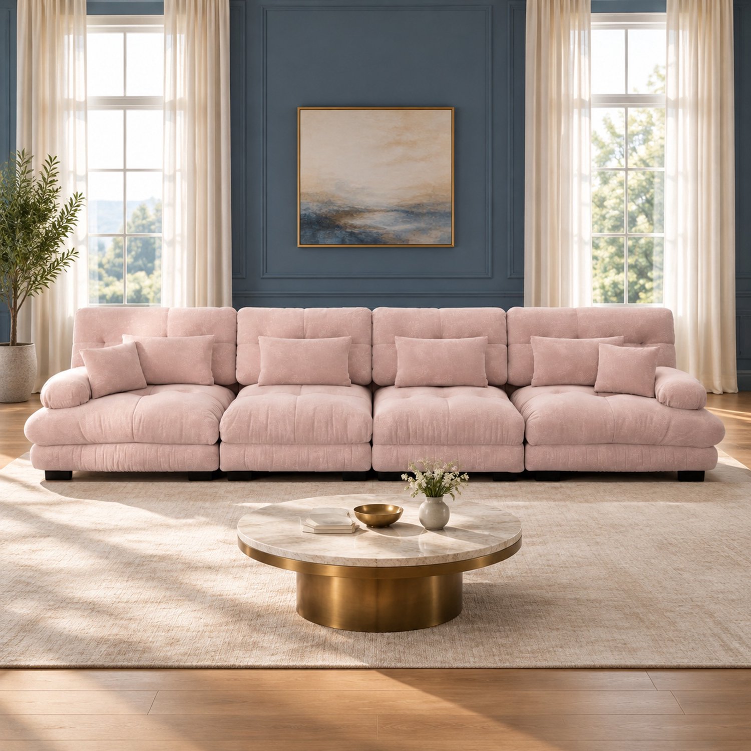 WUVRIE Modulaire hoekbank 406 cm - 4-zits slaapbank met diepe zitting - Roze