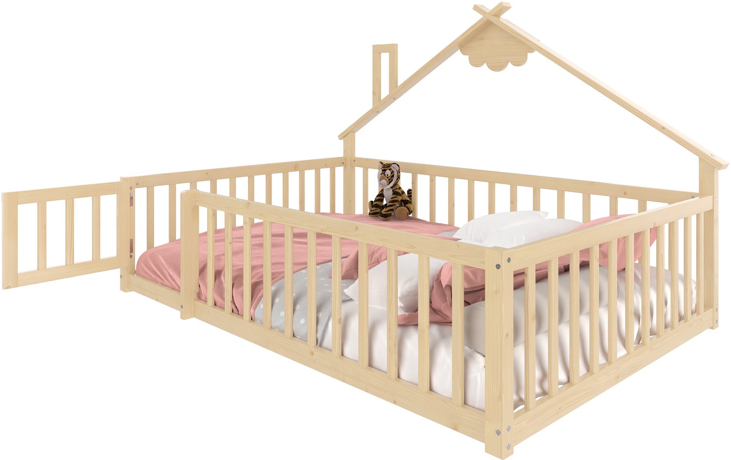 Huisbed 90x190 cm - Kinderbed Met Vergrendelbaar Bedhek - Grenenhout En MDF - Huisvormig Frame Voor De Kinderkamer - Naturel - Zonder Matras