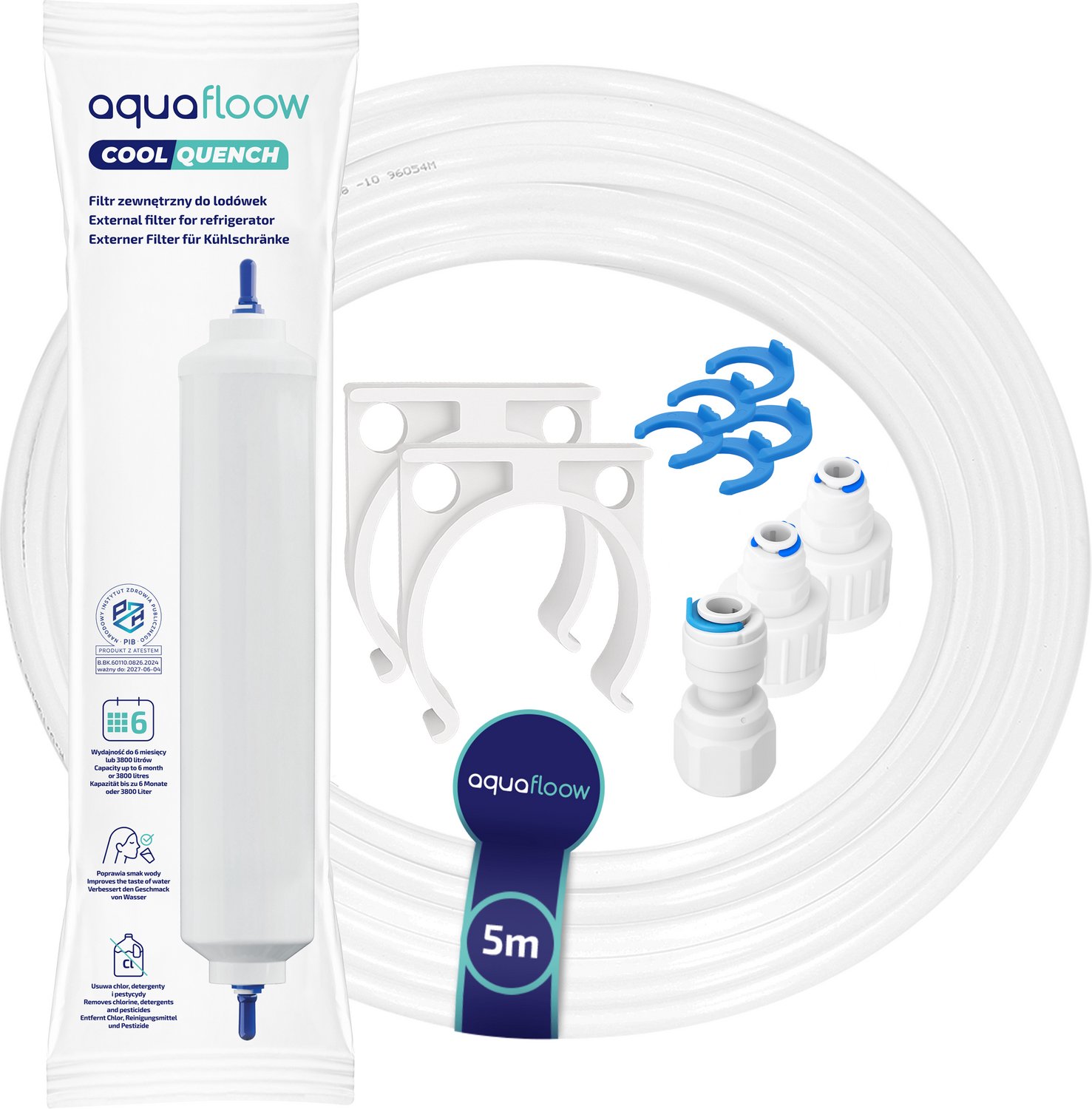 Aquafloow Set onderdelen voor Amerikaanse Side-by-Side Koelkasten - universeel waterfilter, waterslang, montagebeugels - compatibel met Samsung, Bosch, LG, Siemens koelkasten