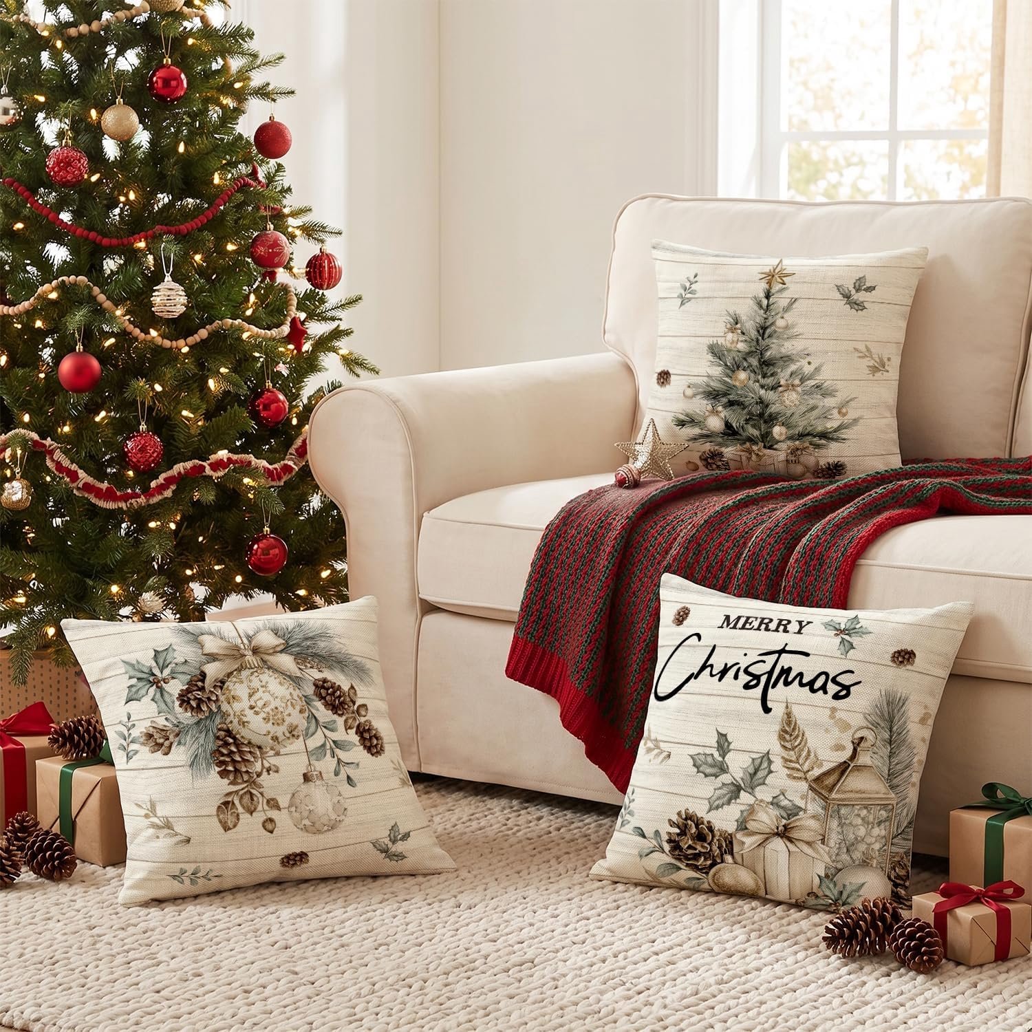 Set van 4 - Kerst kussensloop - Kussenhoes - Kerstkussenslopen - 45 x 45 cm - Kerst decoratie - Kussenhoesjes - Winter vakantie kerstdecoratie - Thuis bank kussen - Binnen decoraties - Voor decoratie Kerstmis, bank, slaapkamer - Polyester - Beige – foto 3