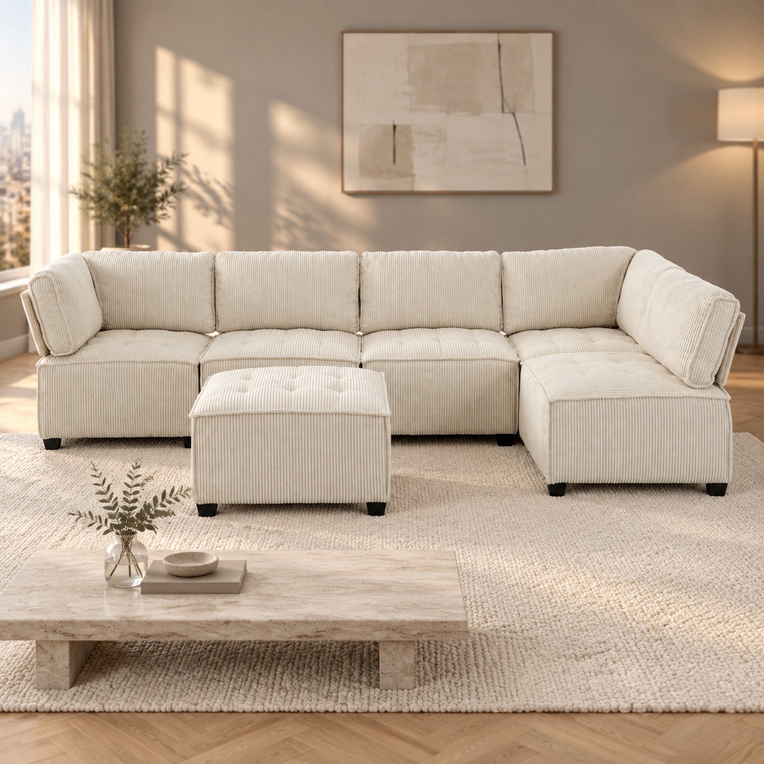 WUVRIE Modulaire 6-zits hoekbank 308 cm - Cordstof, zijvakken en slaapfunctie - Beige