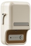 Crèmewitte Niimbot B21 Pro labelprinter, diagonaal vooraanzicht, met zijhendel en bruine geribbelde details.