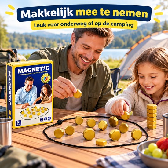 Man en kind spelen het magnetische spel buiten aan een tafel bij een tent op de camping.