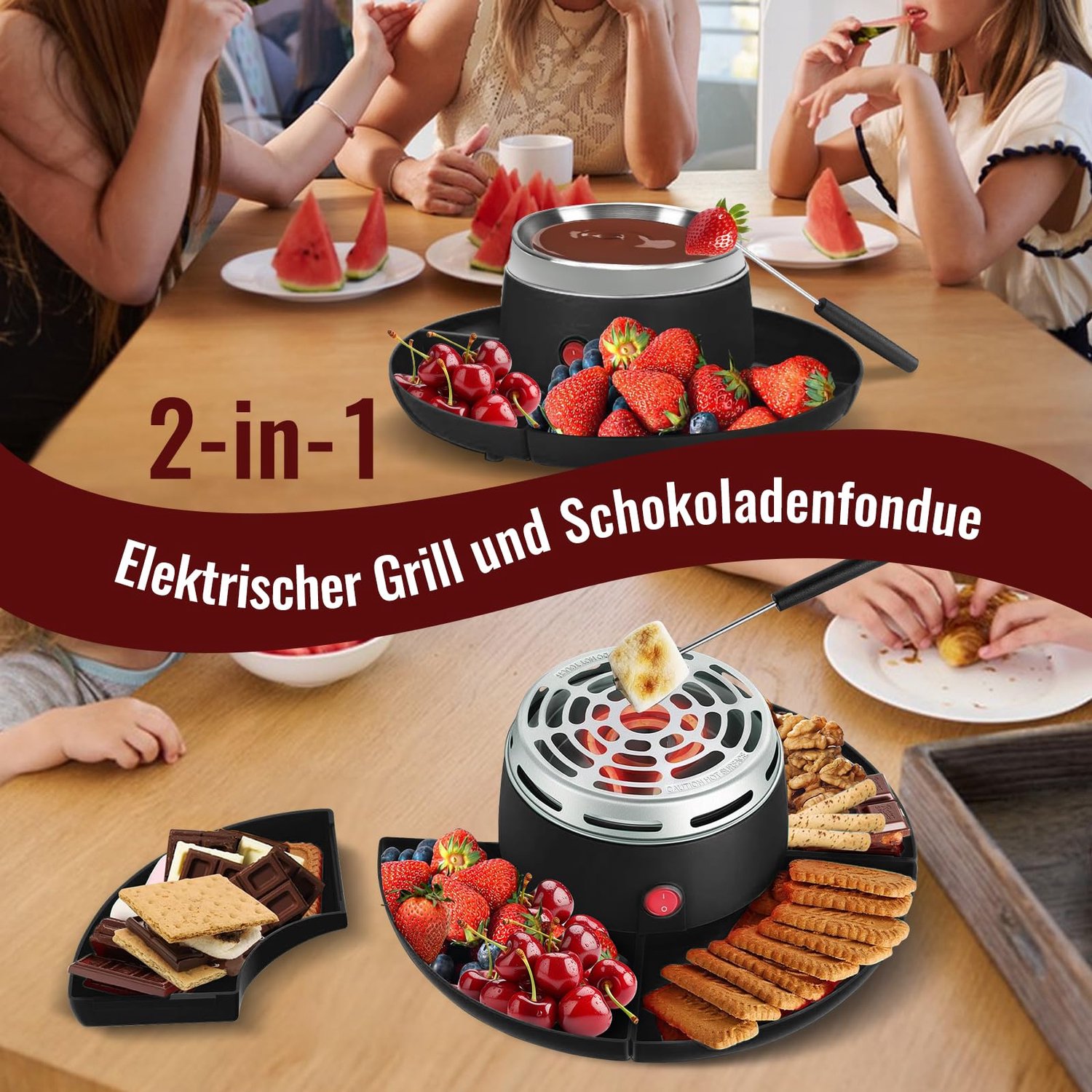 Namajunas - 2-in-1 S'mores maker en chocolade fondue set - 4 Afneembaar blad - Met 4 Marshmallow rooster & 260ML RVS Blad - Vlamvrij voor binnen - Verdeeld serveerblad - Voor marshmallows, chocolade en kaas - Cadeau - Voor feesten en kamperen – foto 3