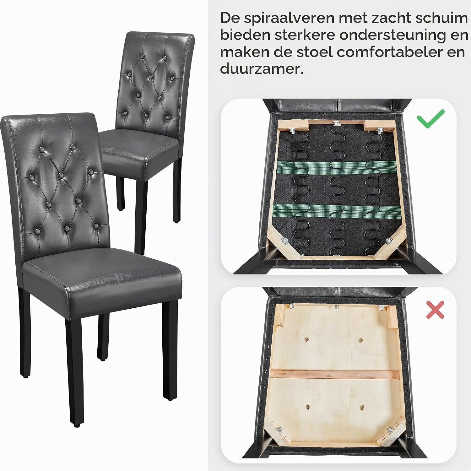 Luxe Eetkamerstoelen met Armleuningen en Hoge Rugleuning – Set van 4 Grijze Stoelen met Kunstleren Bekleding, Comfortabele Zitting met Golfveren en Poten van Massief Rubberhout – 60,5 x 45,5 x 98 cm